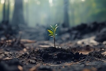 Sprout grows in a destroyed forest. Nature restoration concept.