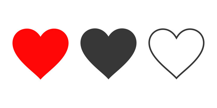 Hearts flat icons. Red, black and outline heart icon. Love icon. Vector illustration.
