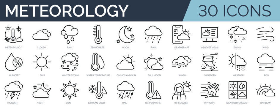 Set of 30 outline icons related to weather. Linear icon collection. Editable stroke. Vector illustration