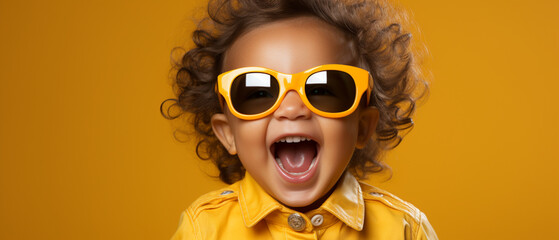 Sommerlicher Chic: Lustiges Babygesicht in gelber Sonnenbrille