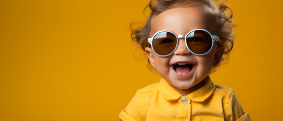 Gelbe Akzente: Nahaufnahme des Gesichts eines lustigen Babys - obrazy, fototapety, plakaty