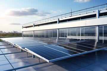 Renewable Energy Concept: Solar Panels Installed on the Rooftop of an Industrial Building