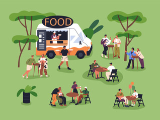 Food truck with street snacks outdoors. Tiny people eating at cafe van. Characters sitting and standing at tables in nature, park. Relaxing on summer holiday, weekend. Flat vector illustration