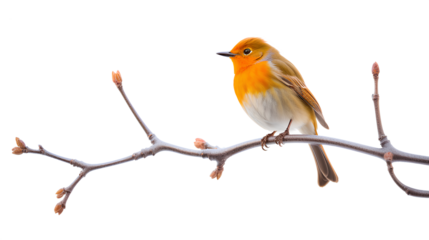 The charm of a small orange bird perched gracefully atop a slender tree branch isolated on a transparent background, Generative AI