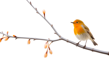 The charm of a small orange bird perched gracefully atop a slender tree branch isolated on a transparent background, Generative AI