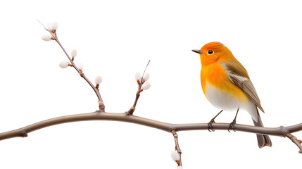 The charm of a small orange bird perched gracefully atop a slender tree branch isolated on a transparent background, Generative AI - Powered by Adobe
