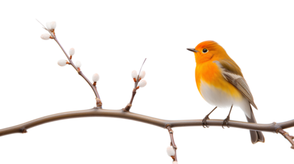 The charm of a small orange bird perched gracefully atop a slender tree branch isolated on a transparent background, Generative AI