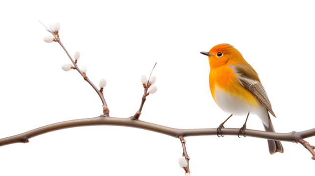 The charm of a small orange bird perched gracefully atop a slender tree branch isolated on a transparent background, Generative AI