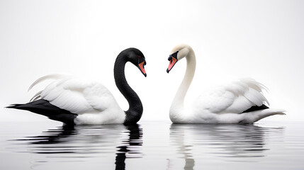 Two white and black swan couple in love isolated on a white background, Generative AI