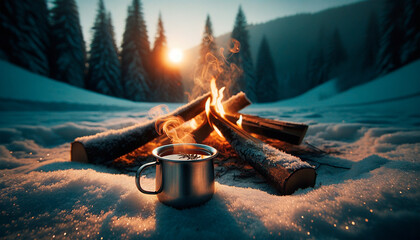 a mug of hot tea in winter at the campfire on the background of the forest - obrazy, fototapety, plakaty