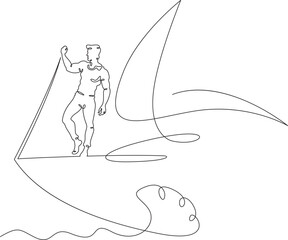 A young man stands on the bow of the ship. Man on the deck of a yacht. Sailor on a boat at sea.One continuous line drawing. Linear. Hand drawn, white background. One line.