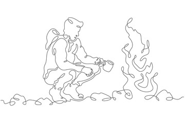 Fototapeta na wymiar Tourist sitting by the fire. A man drinks a hot drink by the fire on a hike. A stop on the journey. One continuous line drawing. Linear. Hand drawn, white background. One line.