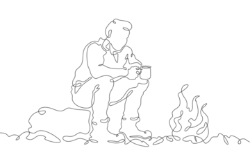 Tourist sitting by the fire. A man drinks a hot drink by the fire on a hike. A stop on the journey. One continuous line drawing. Linear. Hand drawn, white background. One line.