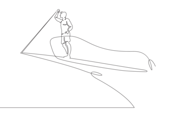 A young man stands on the bow of the ship. Man on the deck of a yacht. Sailor on a boat at sea.One continuous line drawing. Linear. Hand drawn, white background. One line.