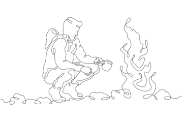 Tourist sitting by the fire. A man drinks a hot drink by the fire on a hike. A stop on the journey. One continuous line drawing. Linear. Hand drawn, white background. One line.