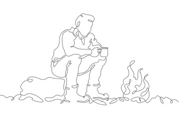 Fototapeta na wymiar Tourist sitting by the fire. A man drinks a hot drink by the fire on a hike. A stop on the journey. One continuous line drawing. Linear. Hand drawn, white background. One line.
