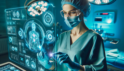 the girl surgeon performs the operation with the help of future technologies and artificial intelligence - obrazy, fototapety, plakaty