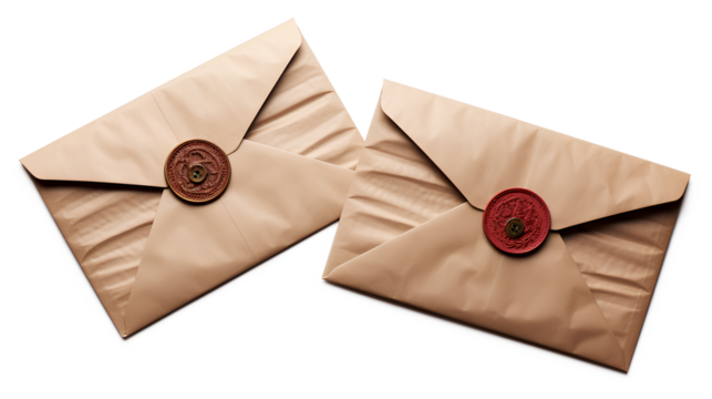 vintage envelopes sealed with wax stamps isolated on a transparent background, Generative AI