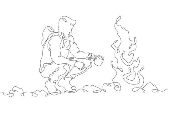 Tourist sitting by the fire. A man drinks a hot drink by the fire on a hike. A stop on the journey. One continuous line drawing. Linear. Hand drawn, white background. One line.