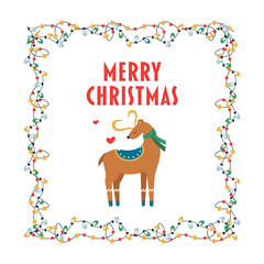 Christmas lettering, text and deer, frame, garland with light bulbs.