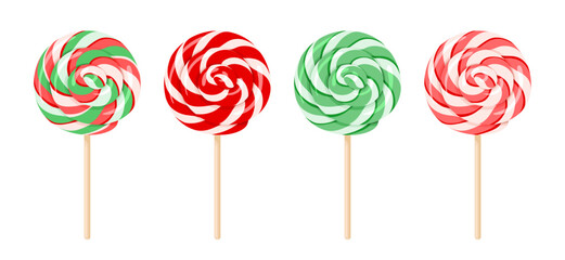 Christmas lollipops of red and green colors on wooden stick. Set of colorful swirl round candies.  Vector cartoon illustration  - obrazy, fototapety, plakaty