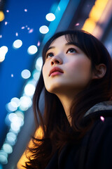 Capturing Wonder: Photo of a Beautiful Young Japanese Woman Gazing Up at Tall City Buildings, Mesmerized by the Evening Lights of the Urban Landscape