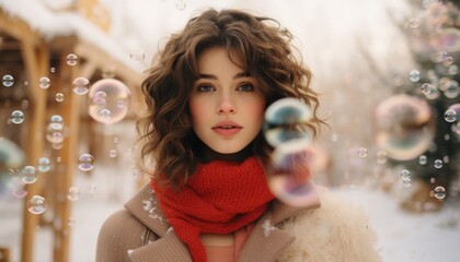 a young woman with loose brown hair, a red scarf in a winter setting surrounded by soap bubbles