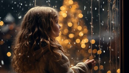 a girl with blonde hair looks out of the window and waits for Father Christmas in the background, a glowing Christmas tree out of focus