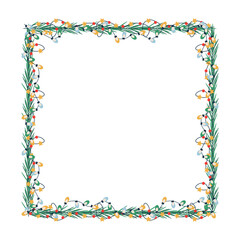 Christmas frame, garland with light bulbs, tree branch.