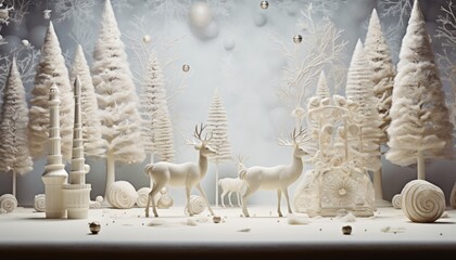 a decorative winter background in white with deer, fir trees and other white decorative elements
