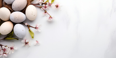 A Captivating Composition of Quail Eggs, Flowers, and Copy Space for Life's Moments, Celebrating Easter with a Banner of Pink Blooms, Quail Eggs, and Nature's Bliss generative AI