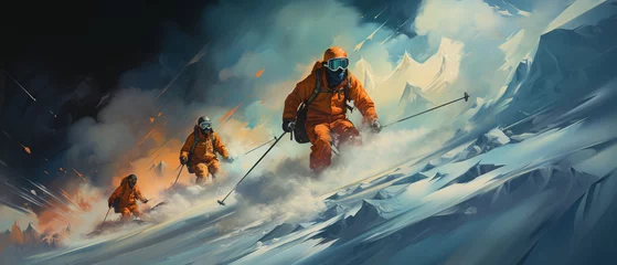 Poster Winterliche Gruppenaktivität: Touristen auf Schneeabfahrt © PhotoArtBC