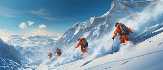 Poster Wintersport-Abenteuer: Touristen rasen die Piste hinunter © PhotoArtBC