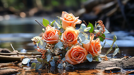 Beautiful wedding bouquet of roses and other flowers on the background of autumn leaves. Generative AI technology
