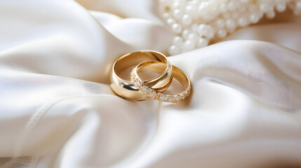 Wedding rings on white satin pillow. generative ai.