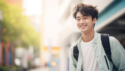 Cheerful handsome Asian male college student in casual clothes on bright day. Happy cheerful guy having fun Gen Z teenagers - obrazy, fototapety, plakaty