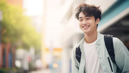 Fotobehang Cheerful handsome Asian male college student in casual clothes on bright day. Happy cheerful guy having fun Gen Z teenagers © annebel146