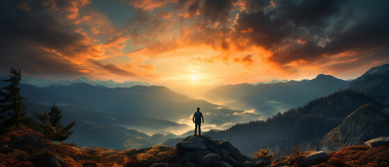 Blick ins Tal: Mann erreicht Gipfel zum Sonnenuntergang - obrazy, fototapety, plakaty