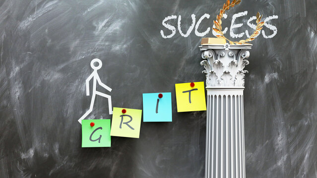 Grit leads to Success - a metaphor showing how grit makes the way to reach desired success. Symbolizes the importance of grit and cause and effect relationship.,3d illustration