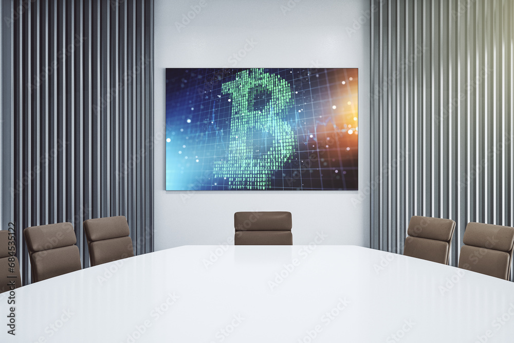 Poster creative bitcoin concept on tv display in a modern presentation room. 3d rendering