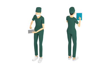 手術着を着た女性看護師の3Dイラスト。タブレットを操作している。