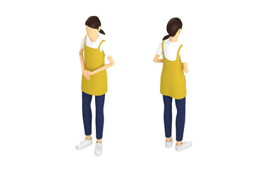 エプロンをつけた女性保育士の3Dイラスト。手をおなかの前で合わせている。