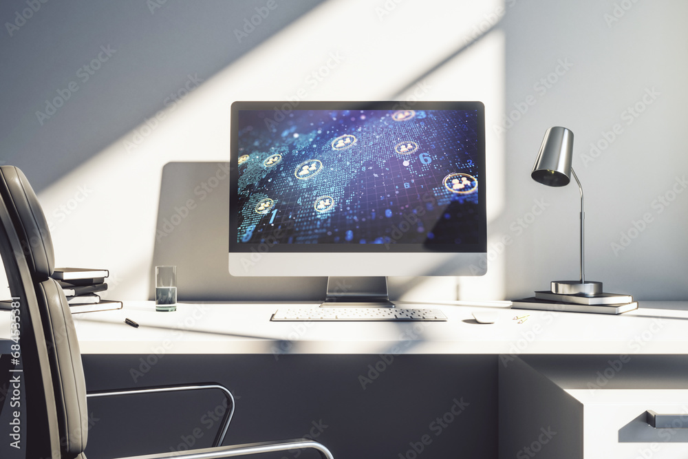 Leinwandbilder Modern computer monitor with social network icons concept with world map. Marketing and promotion concept. 3D Rendering