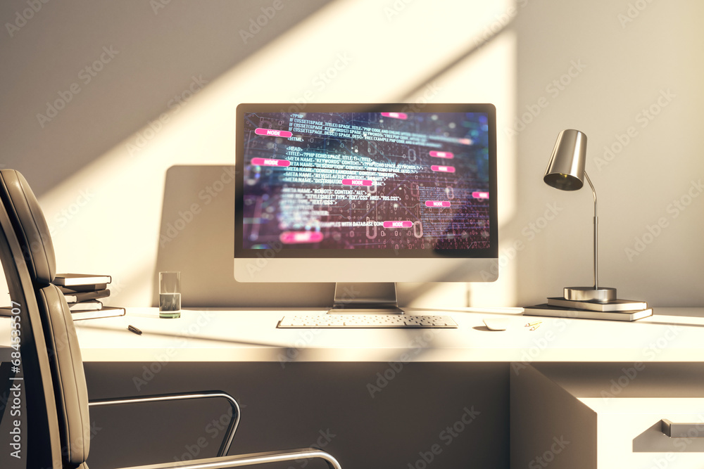 Aufkleber Computer monitor with abstract creative programming illustration, big data and blockchain concept. 3D Rendering