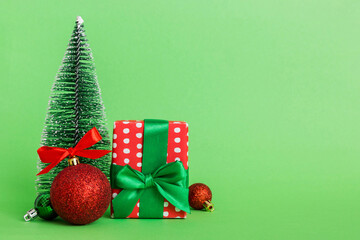 Christmas composition. craft Gift box, small tree, branches and craft DIY decorations on white background. New year concept. Christmas home decoration Flat lay, top view, copy space