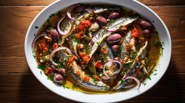 Alici Italian Fish Marinated Anchovies from the Mediterranean sea are tender and flavorful combined with harmonious blend of olive oil, vinegar, garlic and herbs created with Generative AI technology