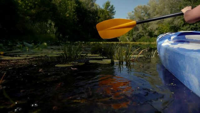 Workout kayaking on lake summer and holds oar 