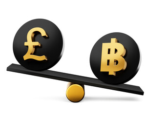 3d Golden Pound And Baht Symbol On Rounded Black Icons 3d Balance Weight Seesaw, 3d illustration