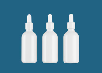 3d Three White Blank Cosmetic Oil Dropper Bottles Isolated On Pastel Blue Background 3d Illustration