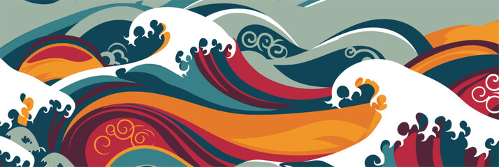 Waves in tropical colors and asian patterns, banner for Asian American and Pacific Islander Heritage Month (APAHM) in may	